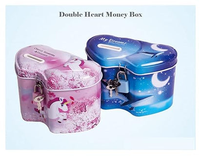 Crackles Cute Unicorn Twin Heart Money Safe Piggy Bank with Lock, Savings Bank for Kids, Made of Tin Metal - Pack of 1 (Assorted Print)