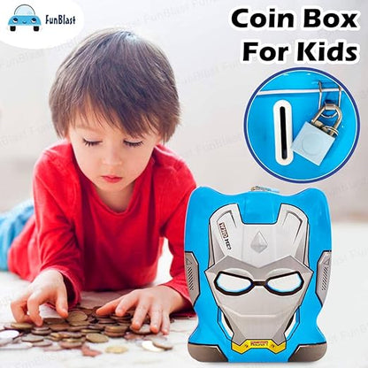 Piggy Bank - Money Saving Tin Coin Bank with Lock and Key, Cartoon Coin Box for Kids, Boys, Girls, Piggy Bank for Kids, Money Box for Boys, Birthday Return Gift (Blue)