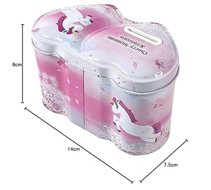 Crackles Cute Unicorn Twin Heart Money Safe Piggy Bank with Lock, Savings Bank for Kids, Made of Tin Metal - Pack of 1 (Assorted Print)