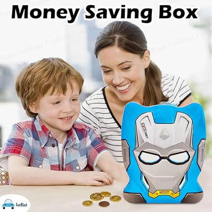 Piggy Bank - Money Saving Tin Coin Bank with Lock and Key, Cartoon Coin Box for Kids, Boys, Girls, Piggy Bank for Kids, Money Box for Boys, Birthday Return Gift (Blue)