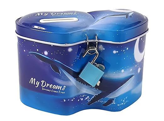 Crackles Cute Unicorn Twin Heart Money Safe Piggy Bank with Lock, Savings Bank for Kids, Made of Tin Metal - Pack of 1 (Assorted Print)