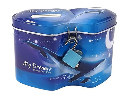 Crackles Cute Unicorn Twin Heart Money Safe Piggy Bank with Lock, Savings Bank for Kids, Made of Tin Metal - Pack of 1 (Assorted Print)