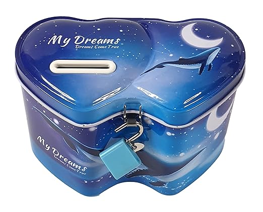 Crackles Cute Unicorn Twin Heart Money Safe Piggy Bank with Lock, Savings Bank for Kids, Made of Tin Metal - Pack of 1 (Assorted Print)