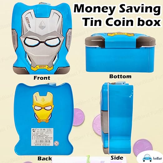 Piggy Bank - Money Saving Tin Coin Bank with Lock and Key, Cartoon Coin Box for Kids, Boys, Girls, Piggy Bank for Kids, Money Box for Boys, Birthday Return Gift (Blue)
