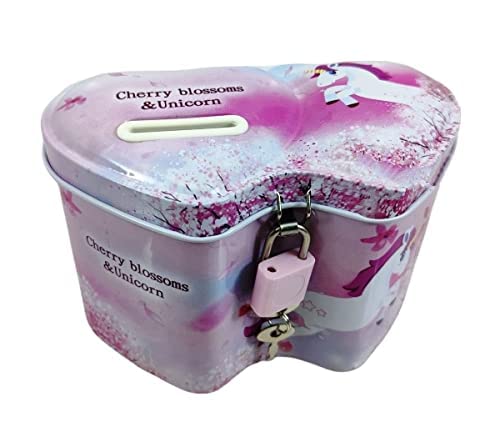 Crackles Cute Unicorn Twin Heart Money Safe Piggy Bank with Lock, Savings Bank for Kids, Made of Tin Metal - Pack of 1 (Assorted Print)