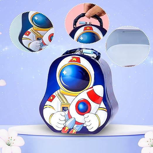 Piggy Bank for Kids – Space Money Saving Tin Coin Bank with Lock and Key, Metal Coin Box for Kids, Money Bank, Coin Box, Birthday Return for Boys & Girls (Blue)