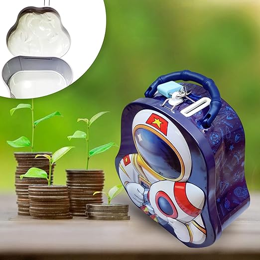Piggy Bank for Kids – Space Money Saving Tin Coin Bank with Lock and Key, Metal Coin Box for Kids, Money Bank, Coin Box, Birthday Return for Boys & Girls (Blue)
