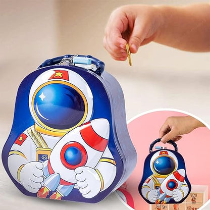 Piggy Bank for Kids – Space Money Saving Tin Coin Bank with Lock and Key, Metal Coin Box for Kids, Money Bank, Coin Box, Birthday Return for Boys & Girls (Blue)