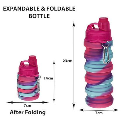 Expandable Water Bottle | Silicone Water Bottle For Gym , School, Hiking | Folding Water Bottle |  500 ML Capacity | Multicolor