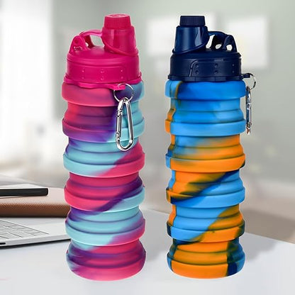 Expandable Water Bottle | Silicone Water Bottle For Gym , School, Hiking | Folding Water Bottle |  500 ML Capacity | Multicolor