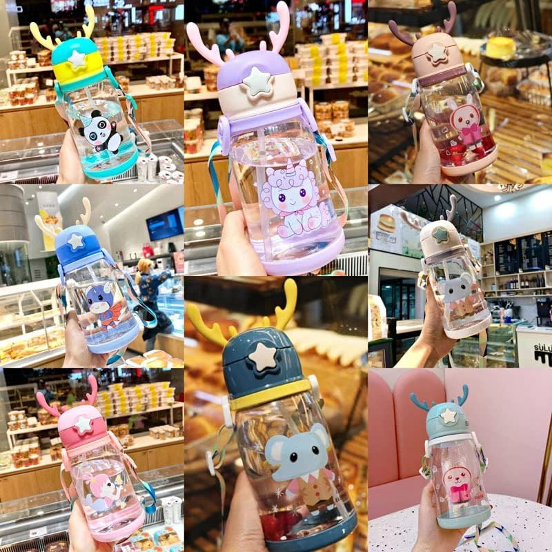 600ML Children's Large Antlers Water Cup, Cute Strap Straw, Anti Falling Cup,Portable Outdoor Camping Water Plastic Bottle with Cartoon (White)