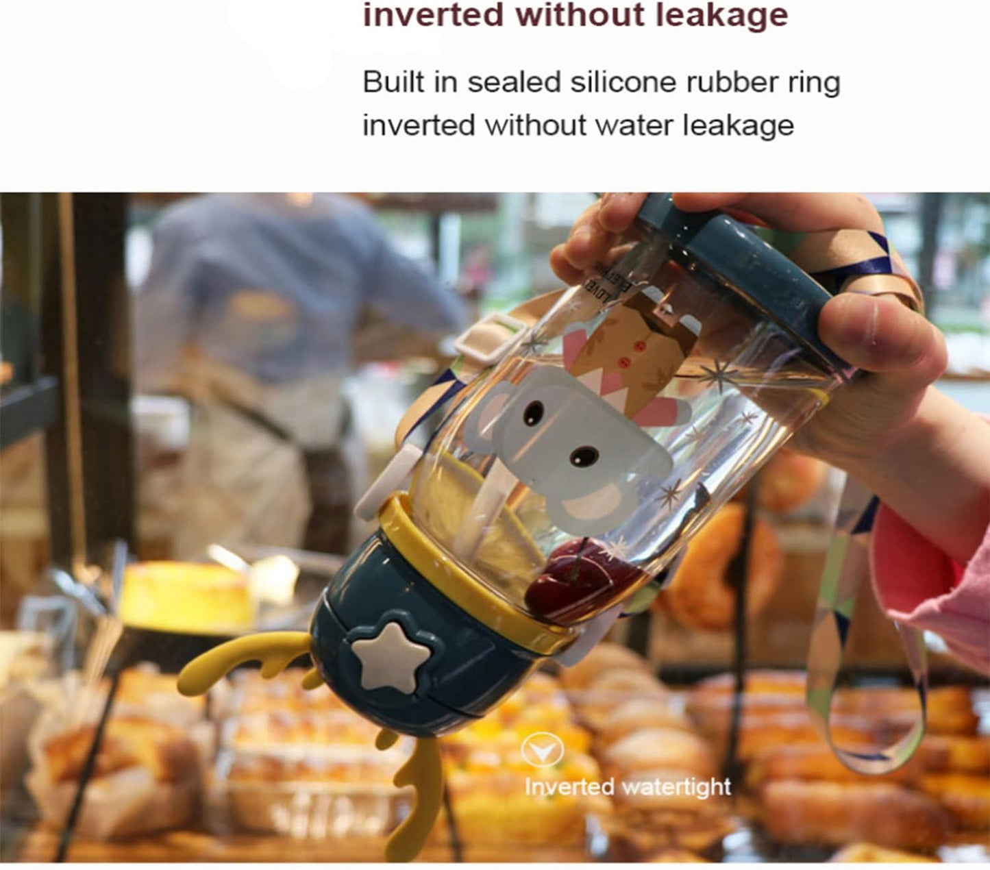 600ML Children's Large Antlers Water Cup, Cute Strap Straw, Anti Falling Cup,Portable Outdoor Camping Water Plastic Bottle with Cartoon (White)