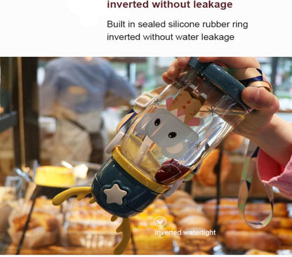 600ML Children's Large Antlers Water Cup, Cute Strap Straw, Anti Falling Cup,Portable Outdoor Camping Water Plastic Bottle with Cartoon (White)