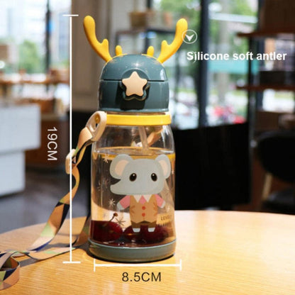 600ML Children's Large Antlers Water Cup, Cute Strap Straw, Anti Falling Cup,Portable Outdoor Camping Water Plastic Bottle with Cartoon (White)