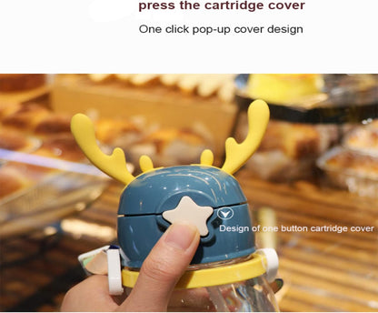 600ML Children's Large Antlers Water Cup, Cute Strap Straw, Anti Falling Cup,Portable Outdoor Camping Water Plastic Bottle with Cartoon (White)